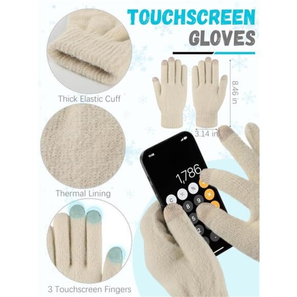 Womens Winter Beanie Scarf Gloves Set Fleece Knit Touchscreen Warm Hat - Picture 4 of 7